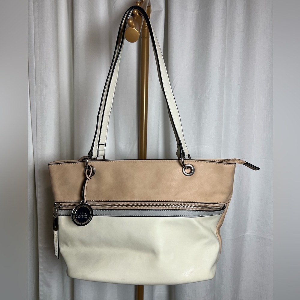 Nicole Miller New York Elegant Tan and Cream Canvas Tote with Leather Straps